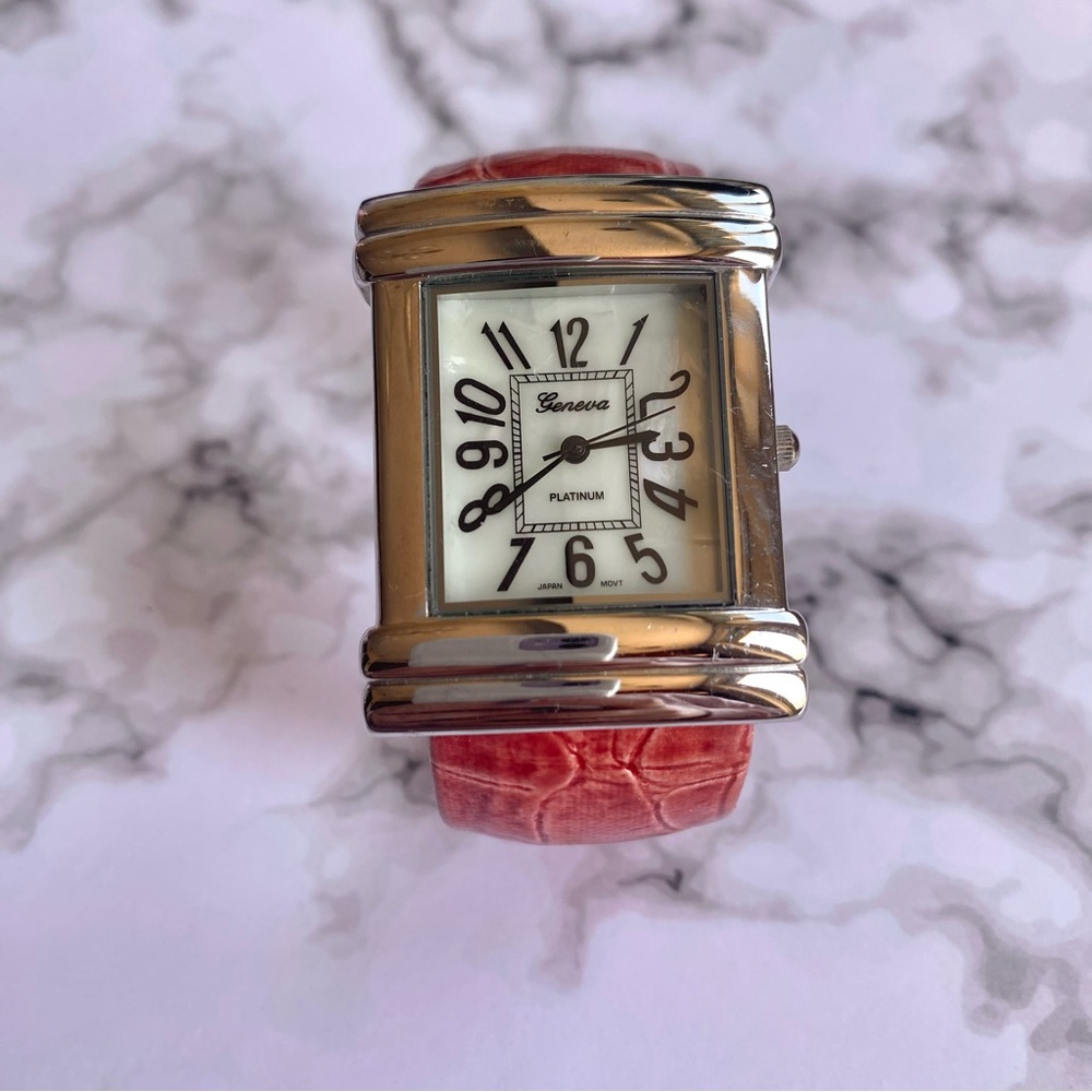 Geneva Mother of Pearl Dial Pink Faux Crocodile Leather Cuff Bracelet Watch